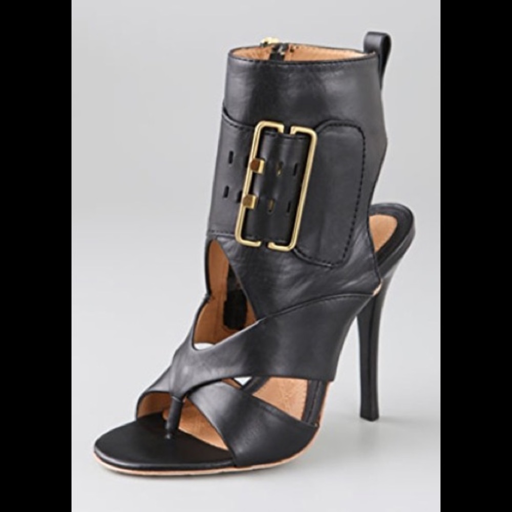 L.A.M.B. Black Leather High-Heel Cutout Sandal with Gold Buckle